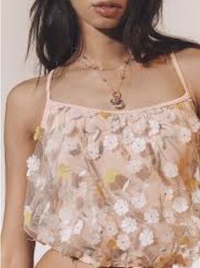 Anthropologie blossom bubble  Sheer Floral Embroidered Spaghetti Strap Camisole
